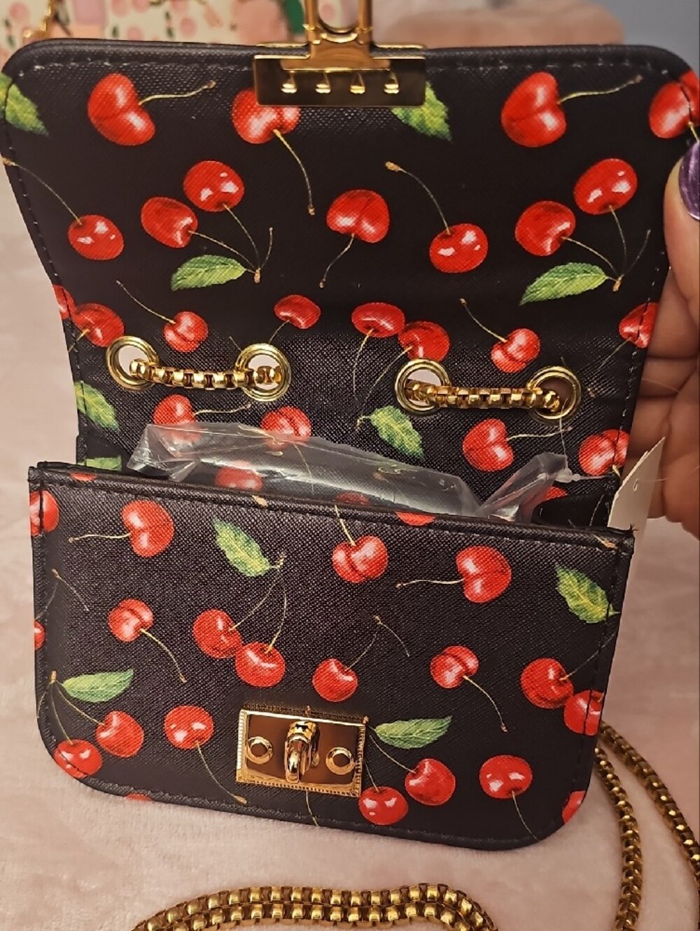 Black Cherry Print Crossbody Bag with Gold Chain - 1 Free Bag Charm Included - Picture 5 of 6